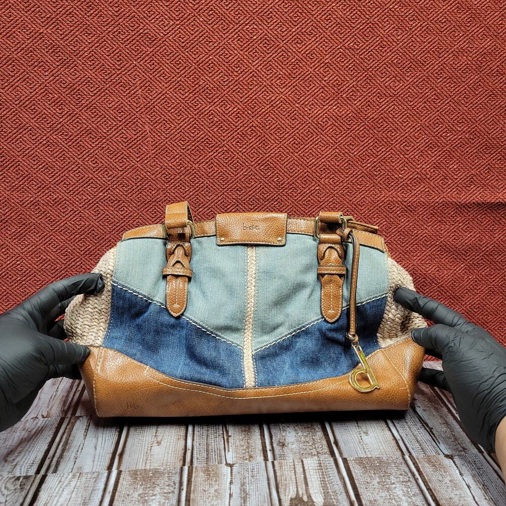 b.o.c Born Concepts Patchwork Denim Straw Faux Leather Tote Bag Blue Tan Large